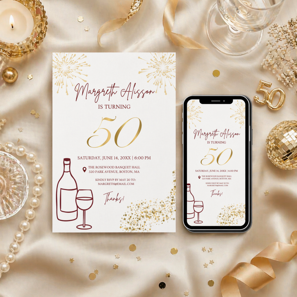 50th Birthday Gold and Burgundy Invitation