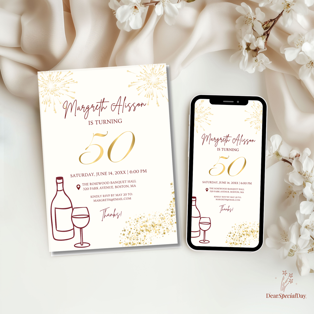 50th Birthday Gold and Burgundy Invitation