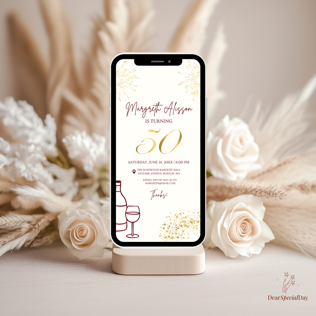 50th Birthday Gold and Burgundy Invitation