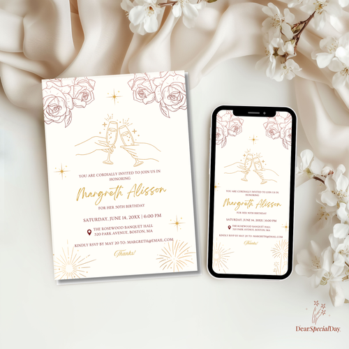 50th Birthday Ivory Gold Floral Champagne Invitation