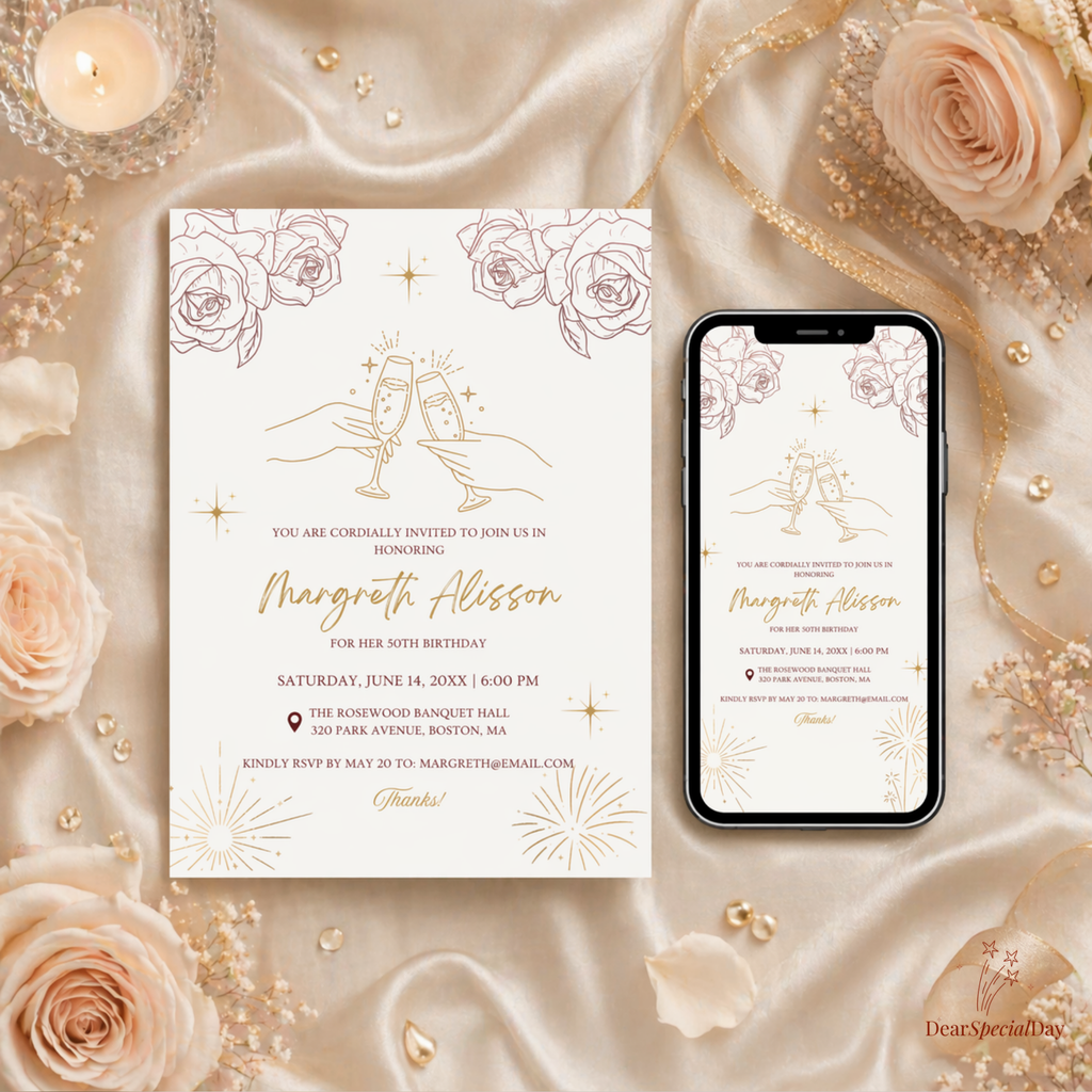 50th Birthday Ivory Gold Floral Champagne Invitation