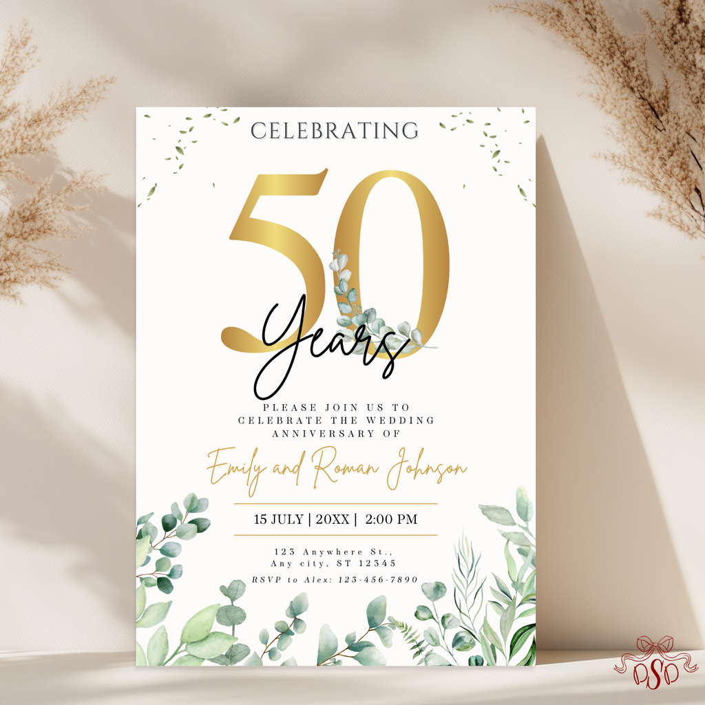 50th Wedding Anniversary Invitation Gold with Eucalyptus