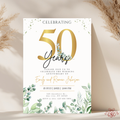 50th Wedding Anniversary Invitation Gold with Eucalyptus
