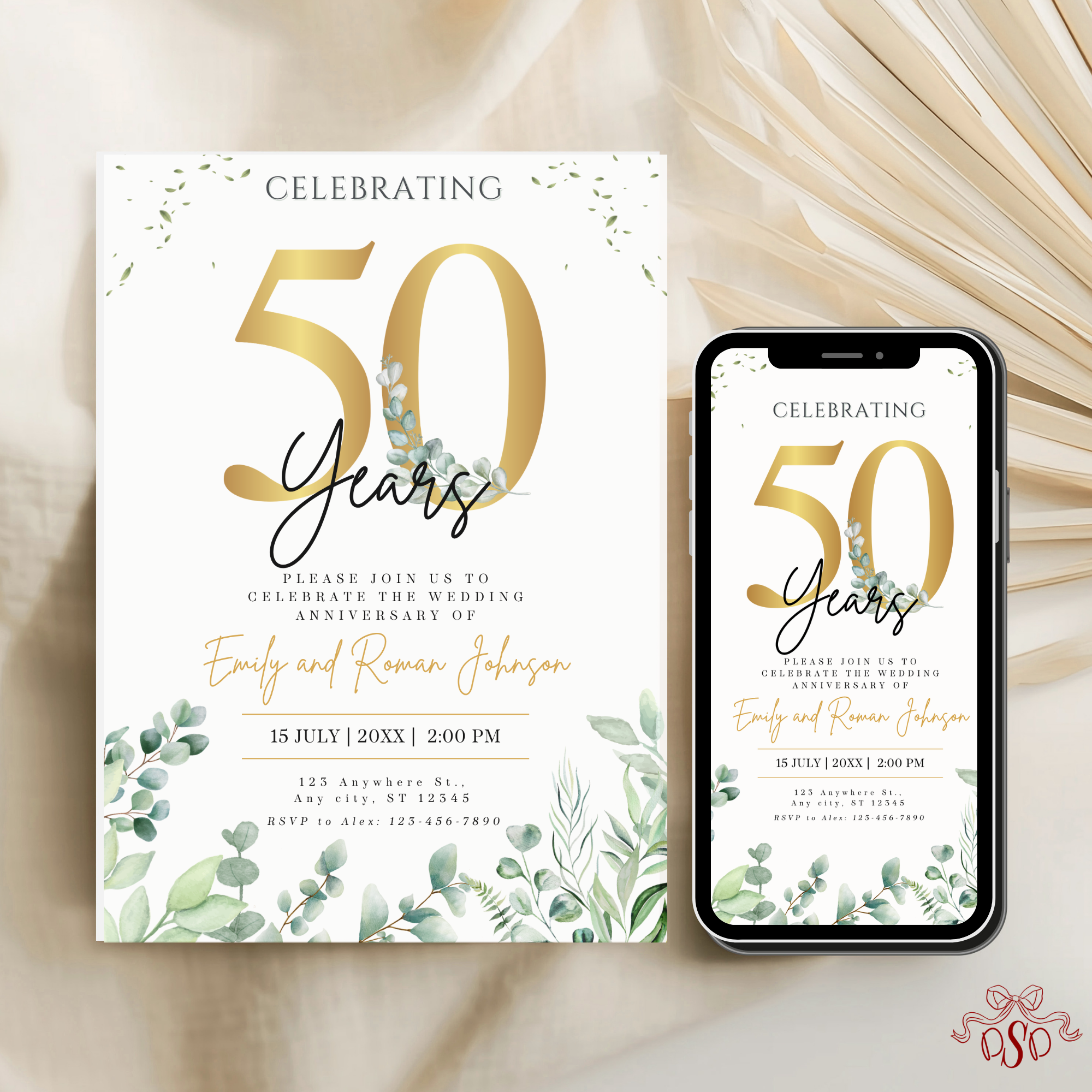 50th Wedding Anniversary Invitation Gold with Eucalyptus