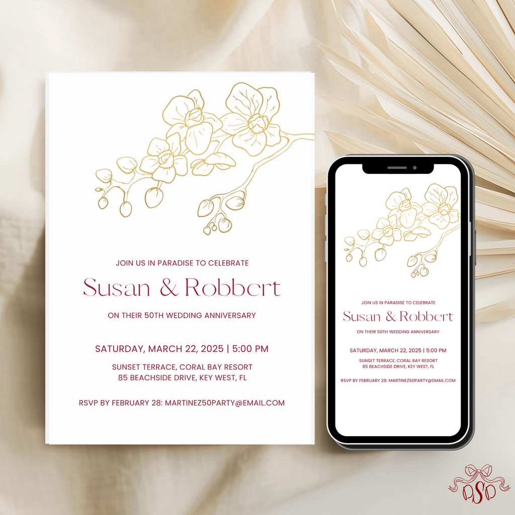 50th Anniversary Invitation Template, Tropical Golden Wedding Anniversary Invite Editable in Canva