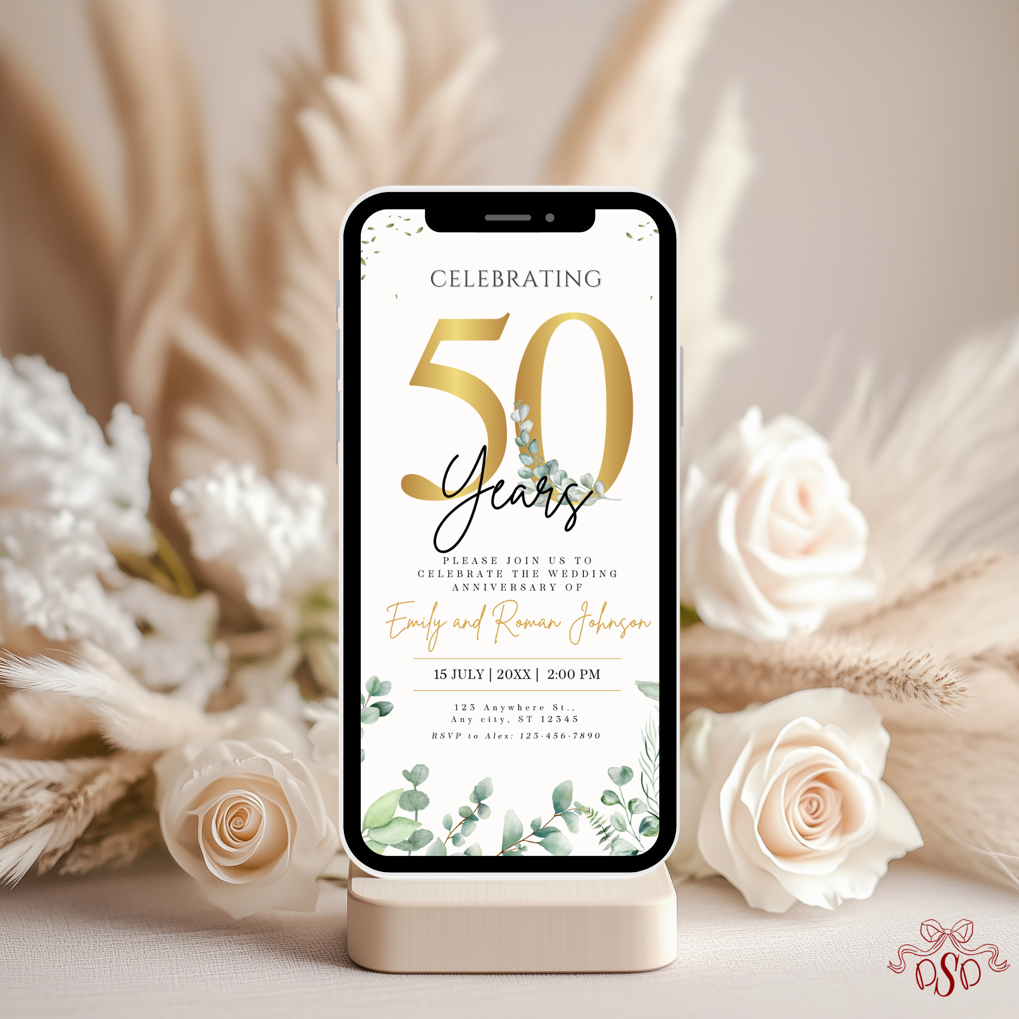 50th Wedding Anniversary Invitation Gold with Eucalyptus