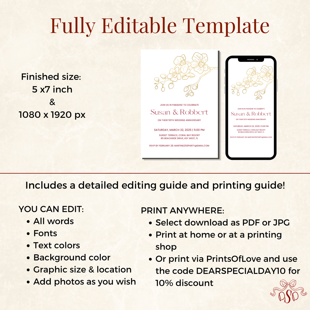 50th Anniversary Invitation Template, Tropical Golden Wedding Anniversary Invite Editable in Canva