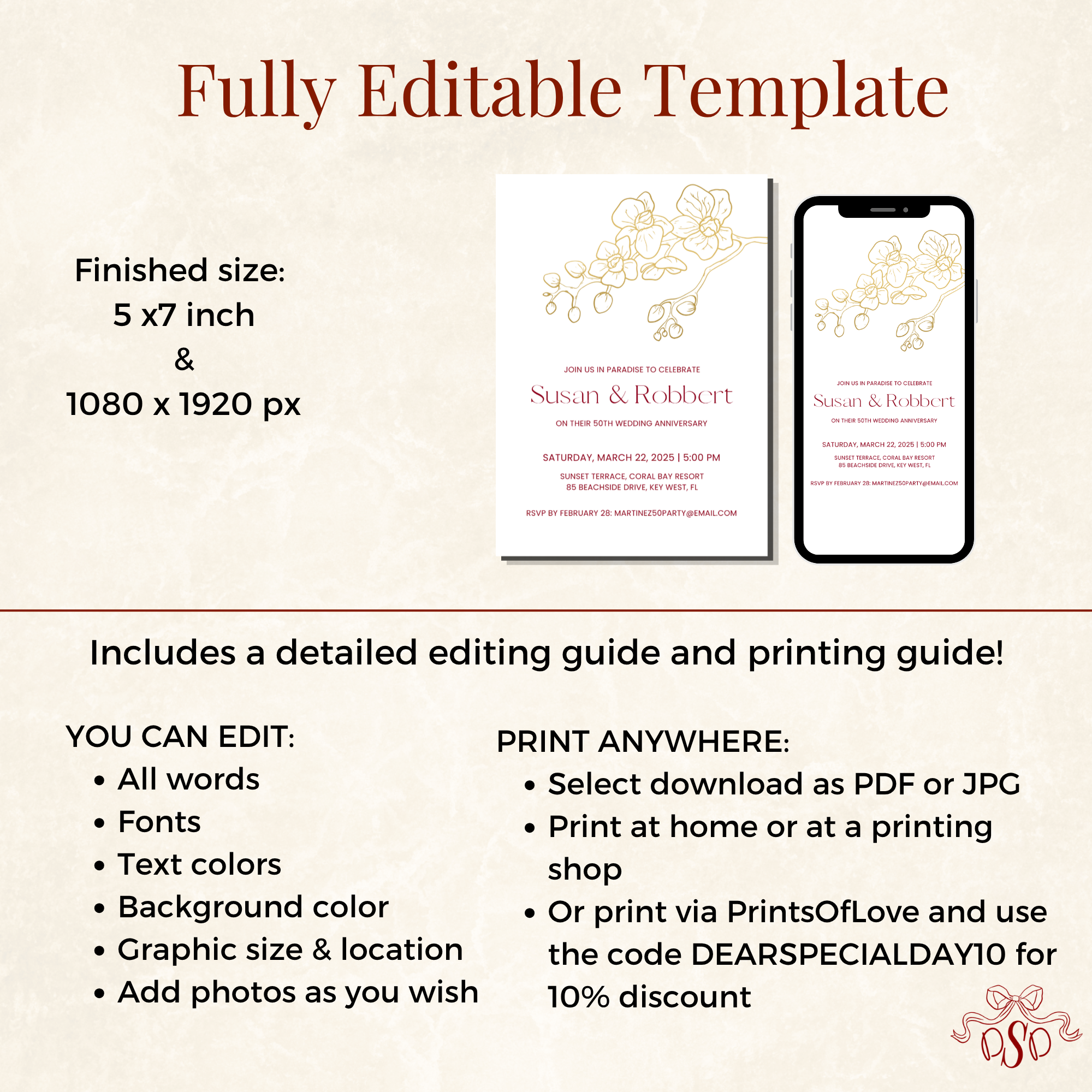 50th Anniversary Invitation Template, Tropical Golden Wedding Anniversary Invite Editable in Canva