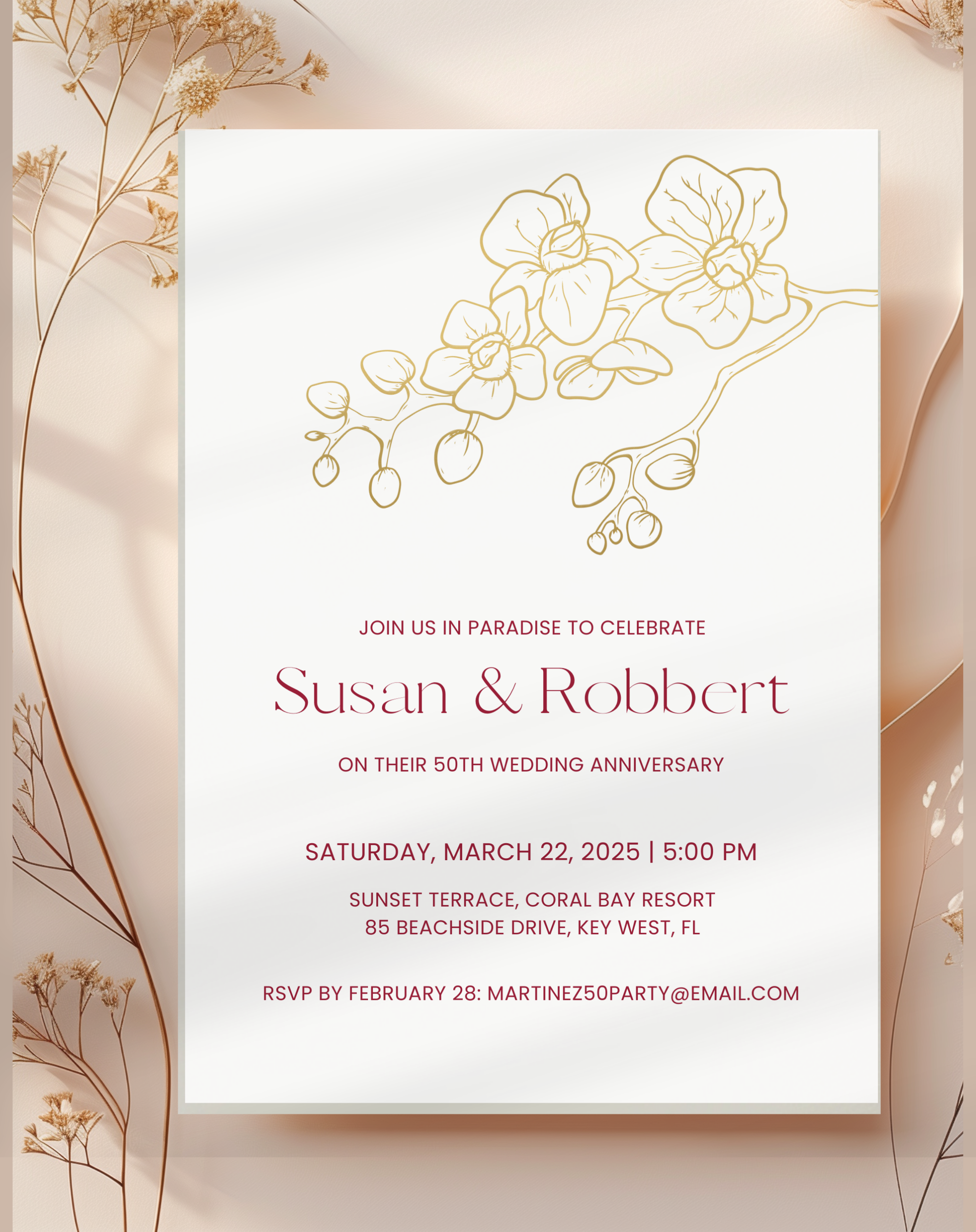 50th Anniversary Invitation Template, Tropical Golden Wedding Anniversary Invite Editable in Canva