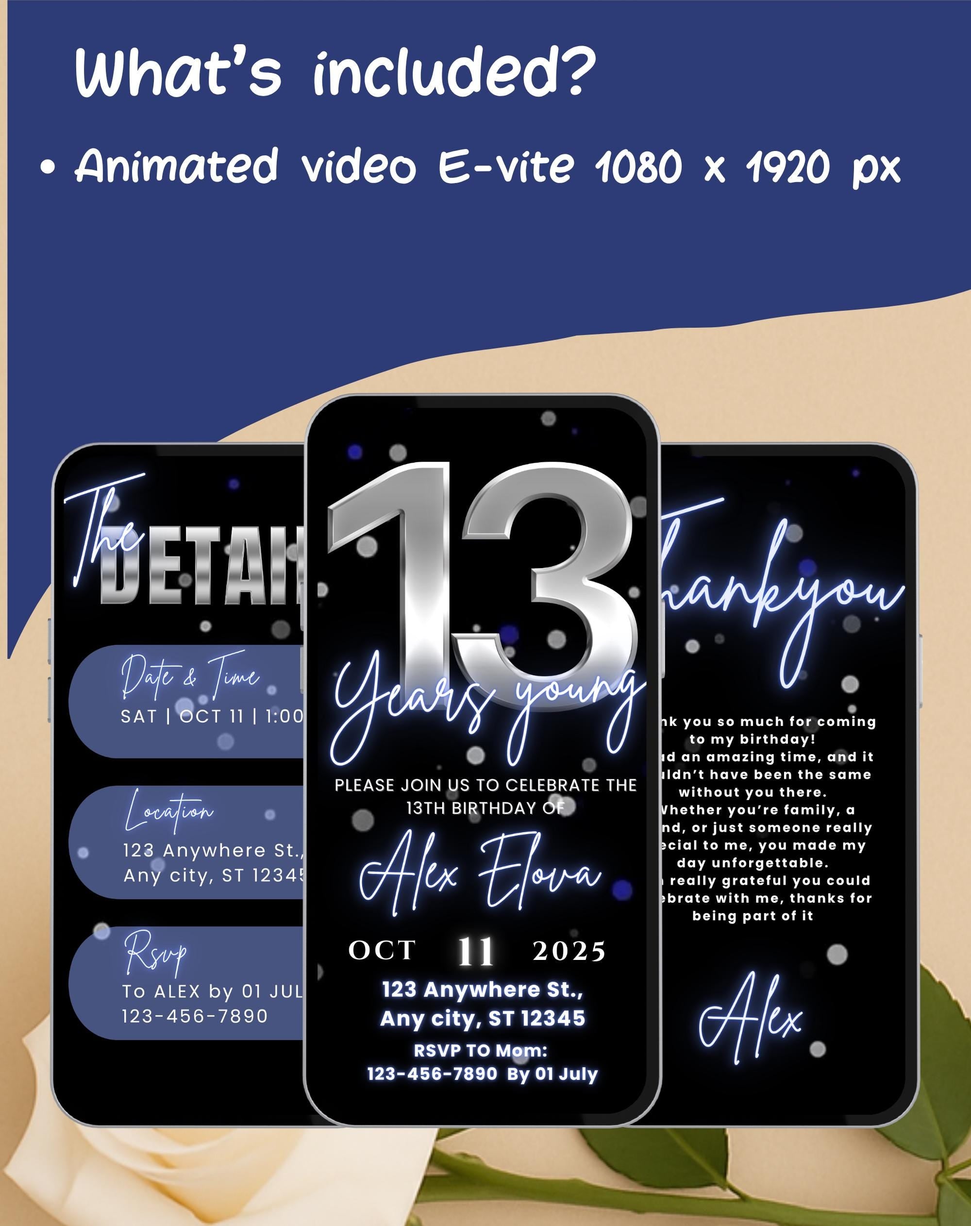 13th Birthday Silver Blue Invitation (E-vite)