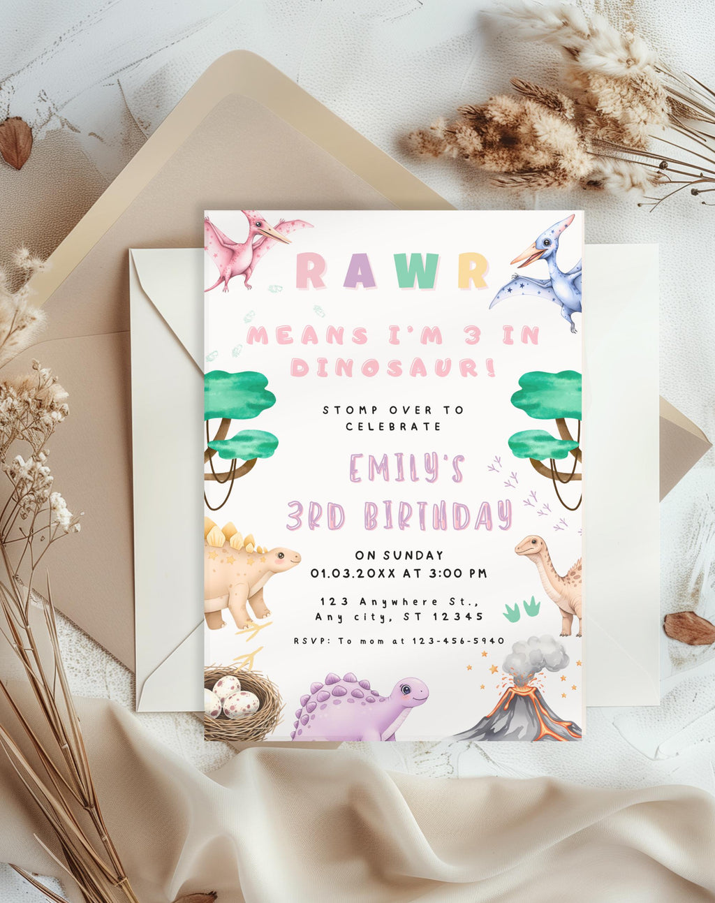 Dinosaur Pastel Birthday Invitation