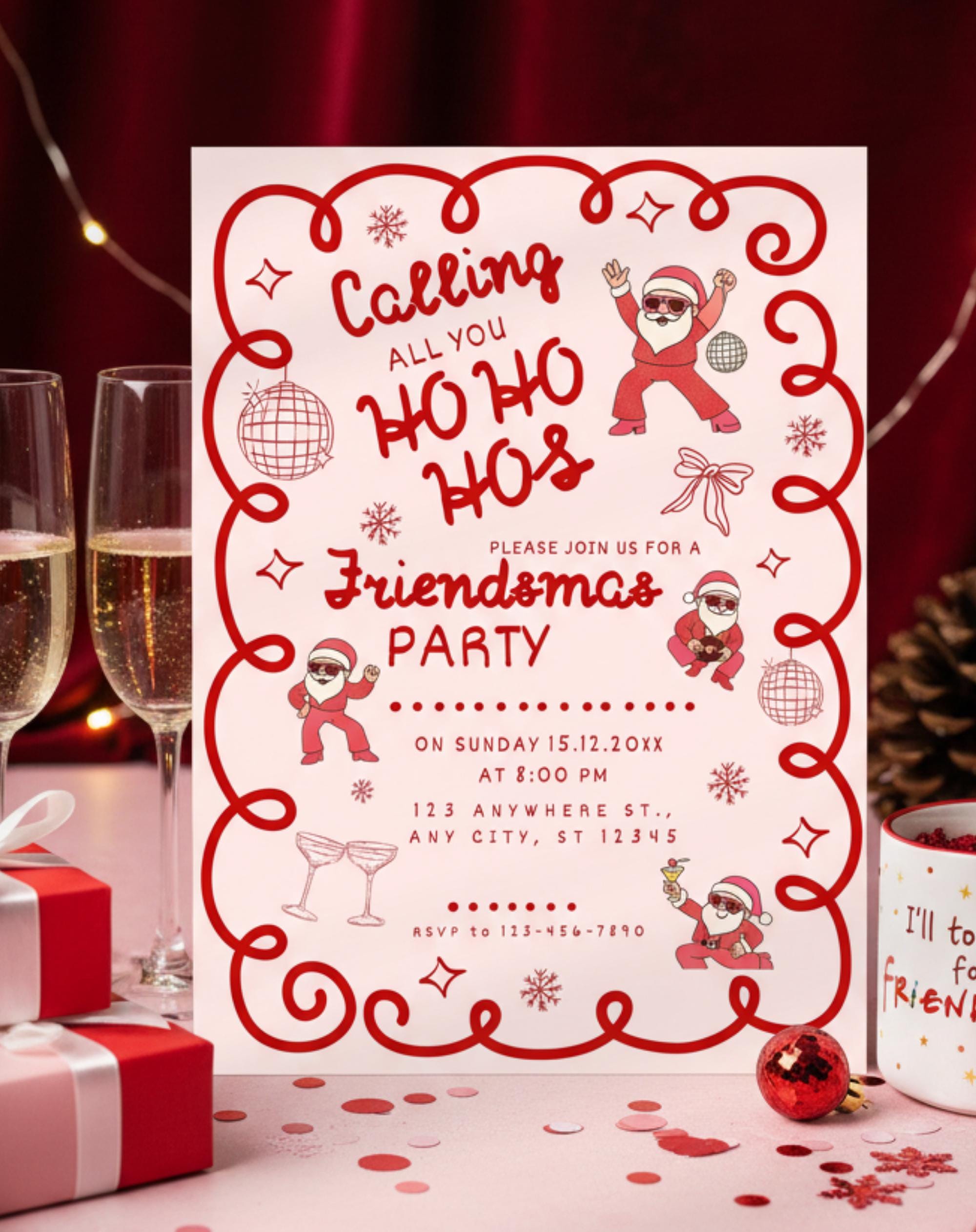 Christmas Pink/Red Retro Friendsmas Party Invitation