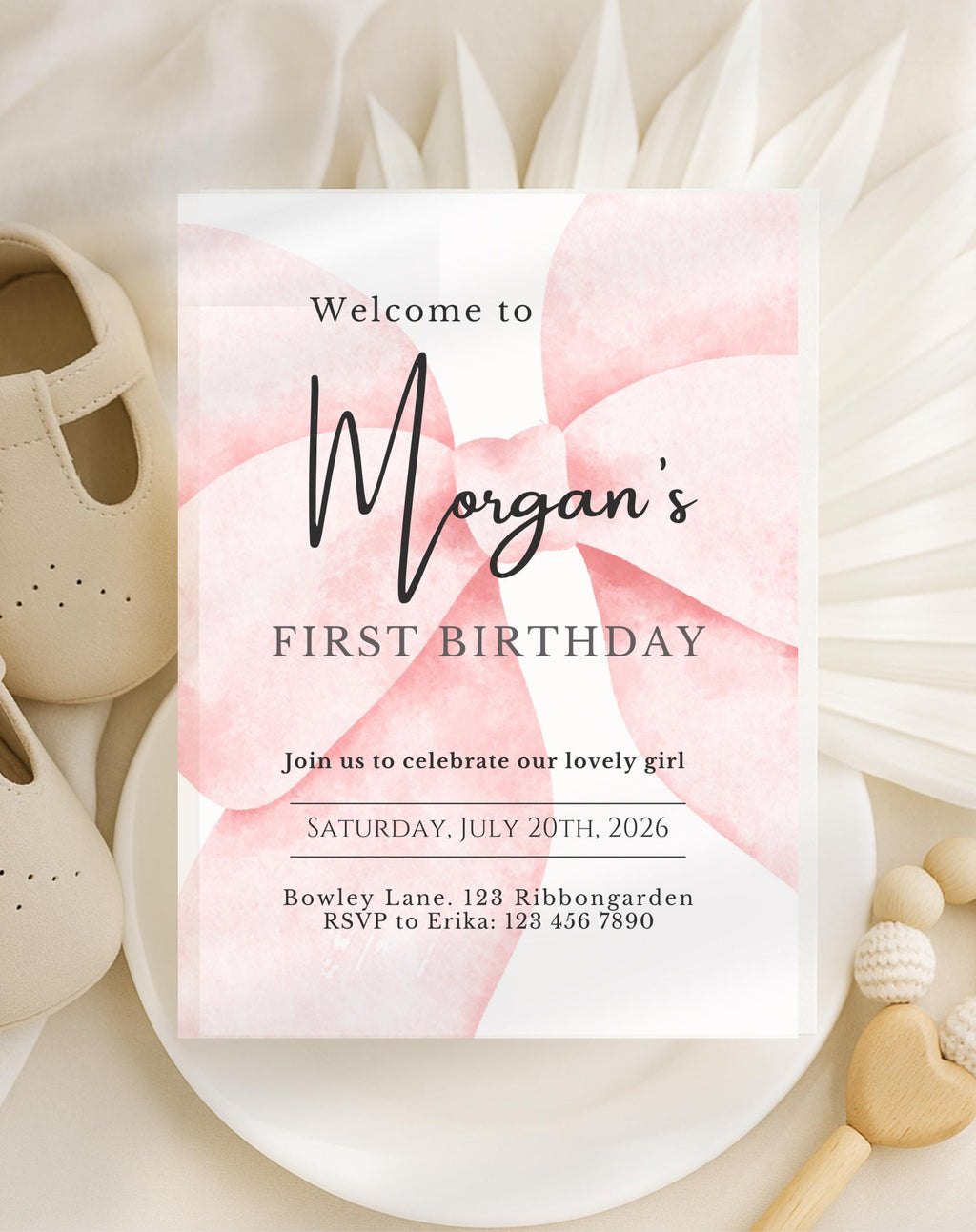 First Birthday Blush Pink Bow Invitation