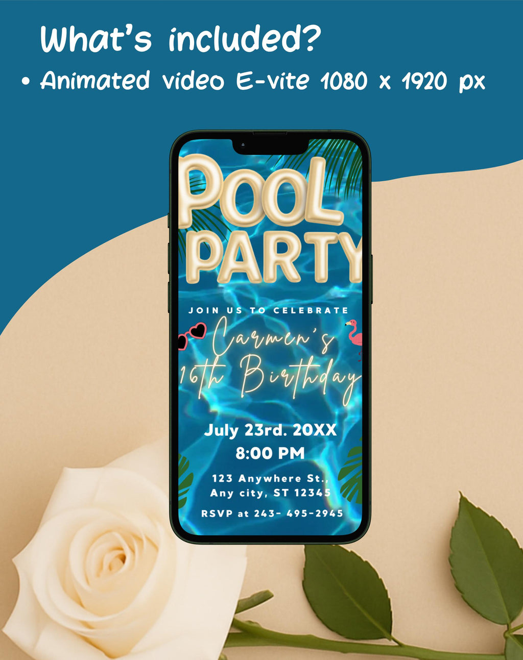 Gold Tropical Pool Party Invitation