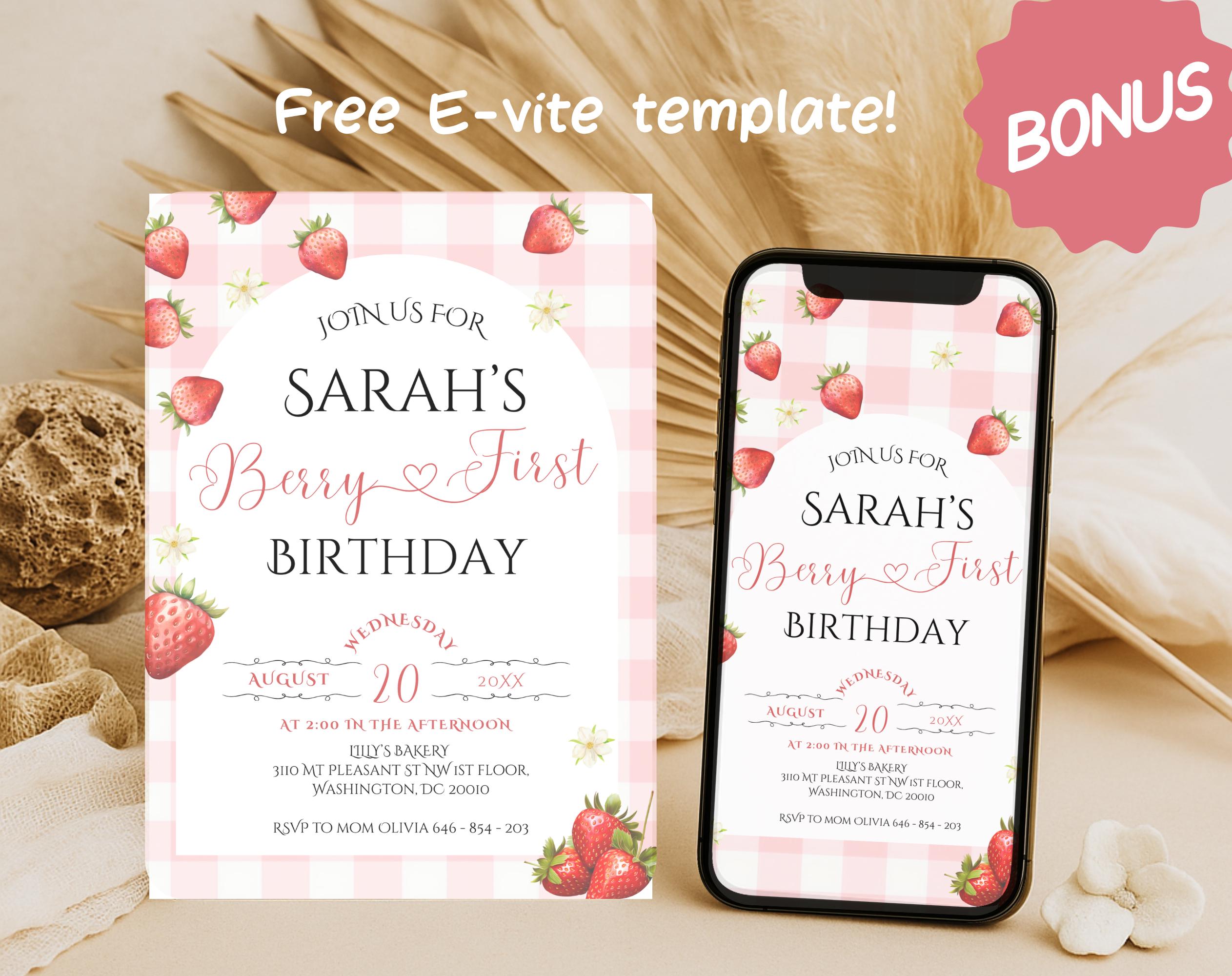Berry First Birthday Strawberry Gingham Party Invitation