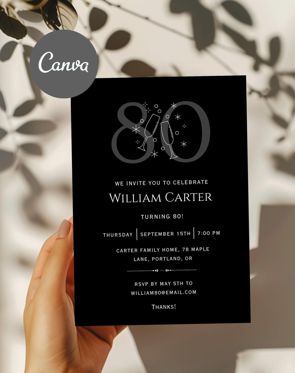 80th Black Silver Elegant Birthday Invitation