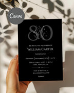 80th Black Silver Elegant Birthday Invitation