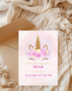 Unicorn Pink Gold Floral Birthday Invitation