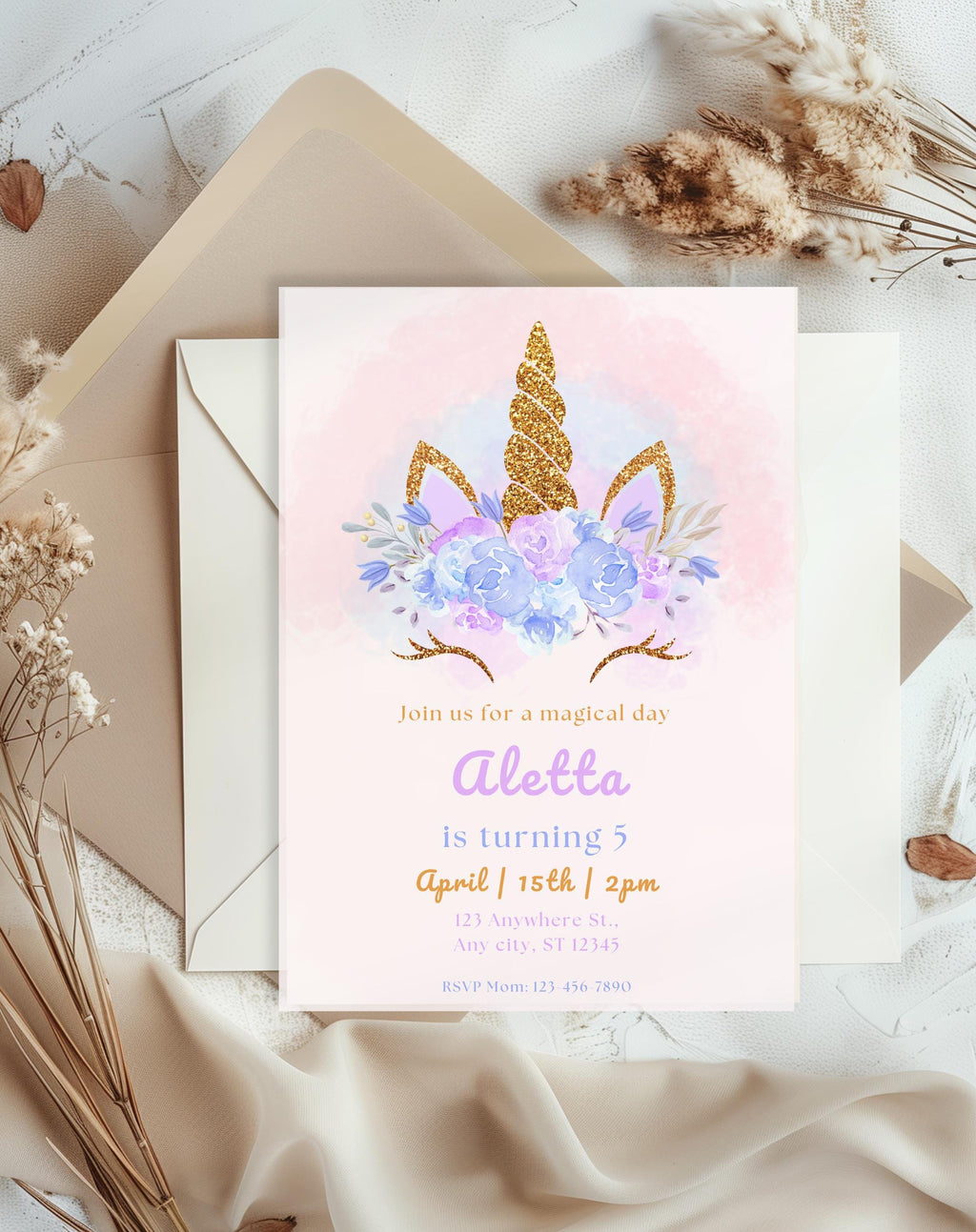 Gold Glitter Unicorn Birthday Invitation