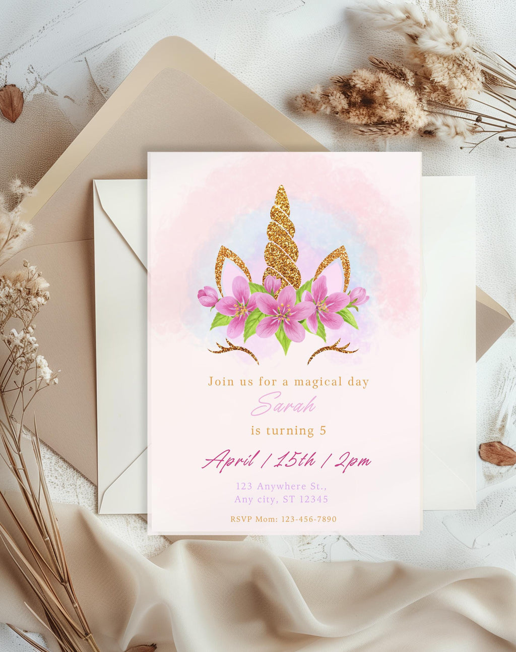 Unicorn Pink Gold Floral Birthday Invitation