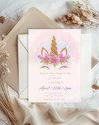 Unicorn Pink Gold Floral Birthday Invitation