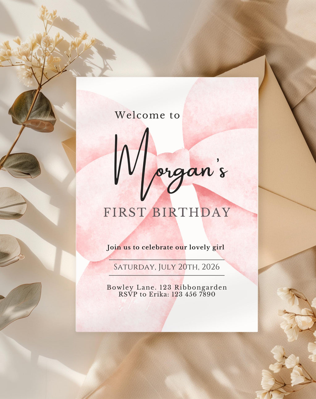 First Birthday Blush Pink Bow Invitation