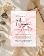 First Birthday Blush Pink Bow Invitation