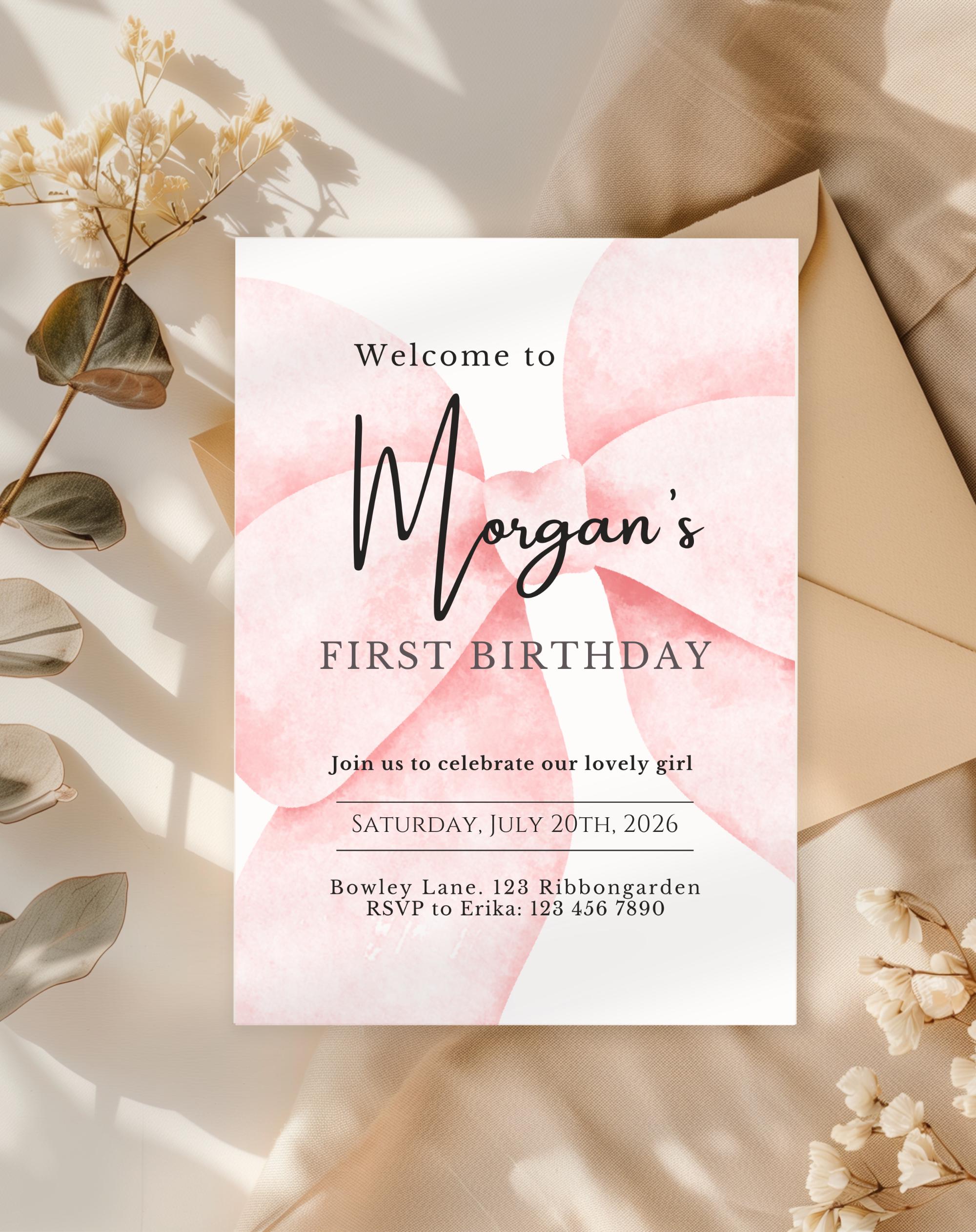 First Birthday Blush Pink Bow Invitation