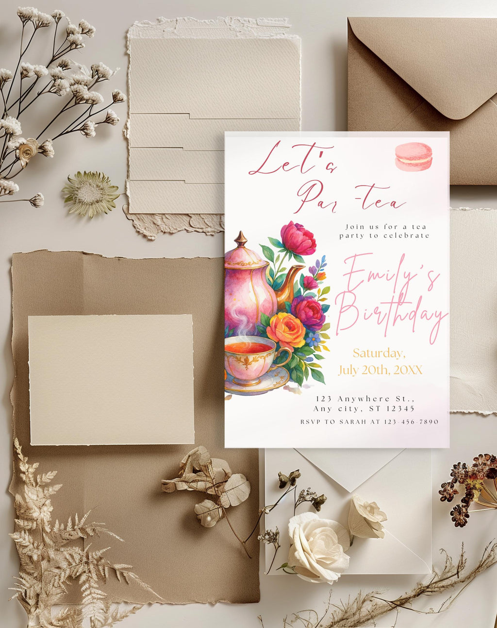 Tea Party Watercolor Floral Macaron Birthday Invitation