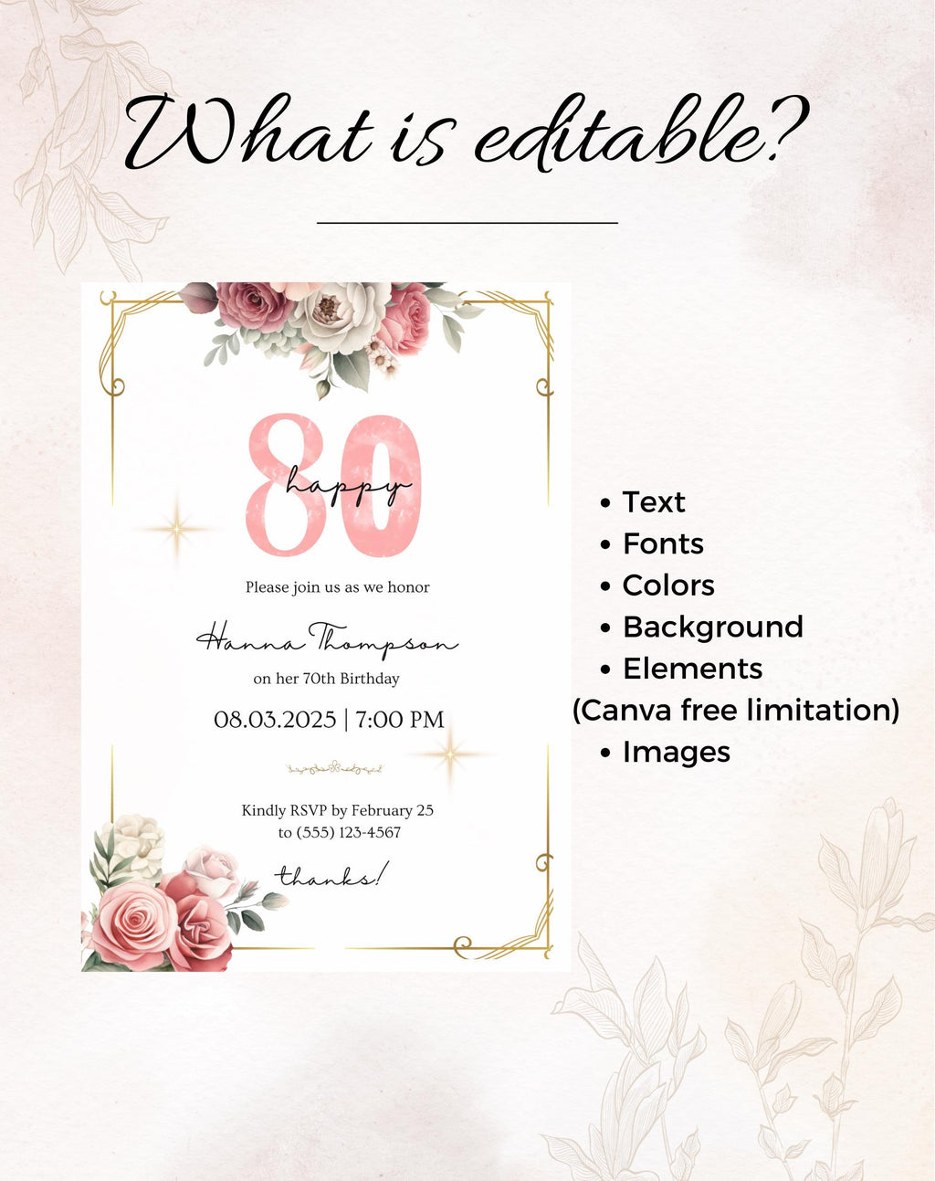 80th Pink Gold Floral Elegant Birthday Invitation