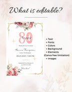 80th Pink Gold Floral Elegant Birthday Invitation