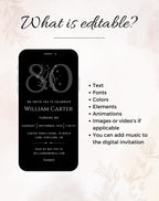 80th Black Silver Elegant Birthday Invitation