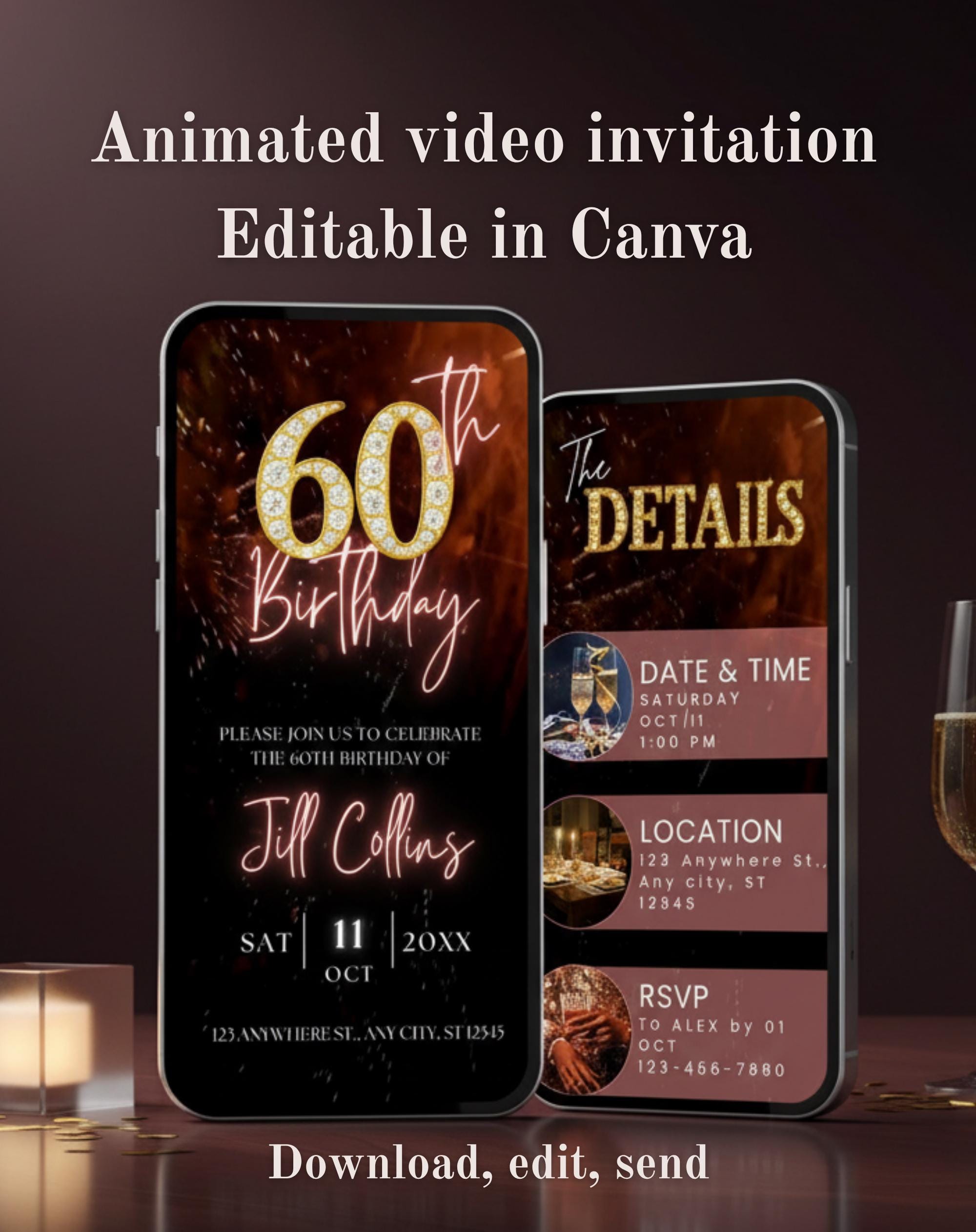 60th Birthday Black/Gold Invitation (E-vite)