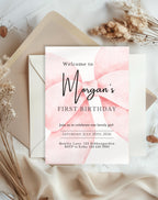 First Birthday Blush Pink Bow Invitation