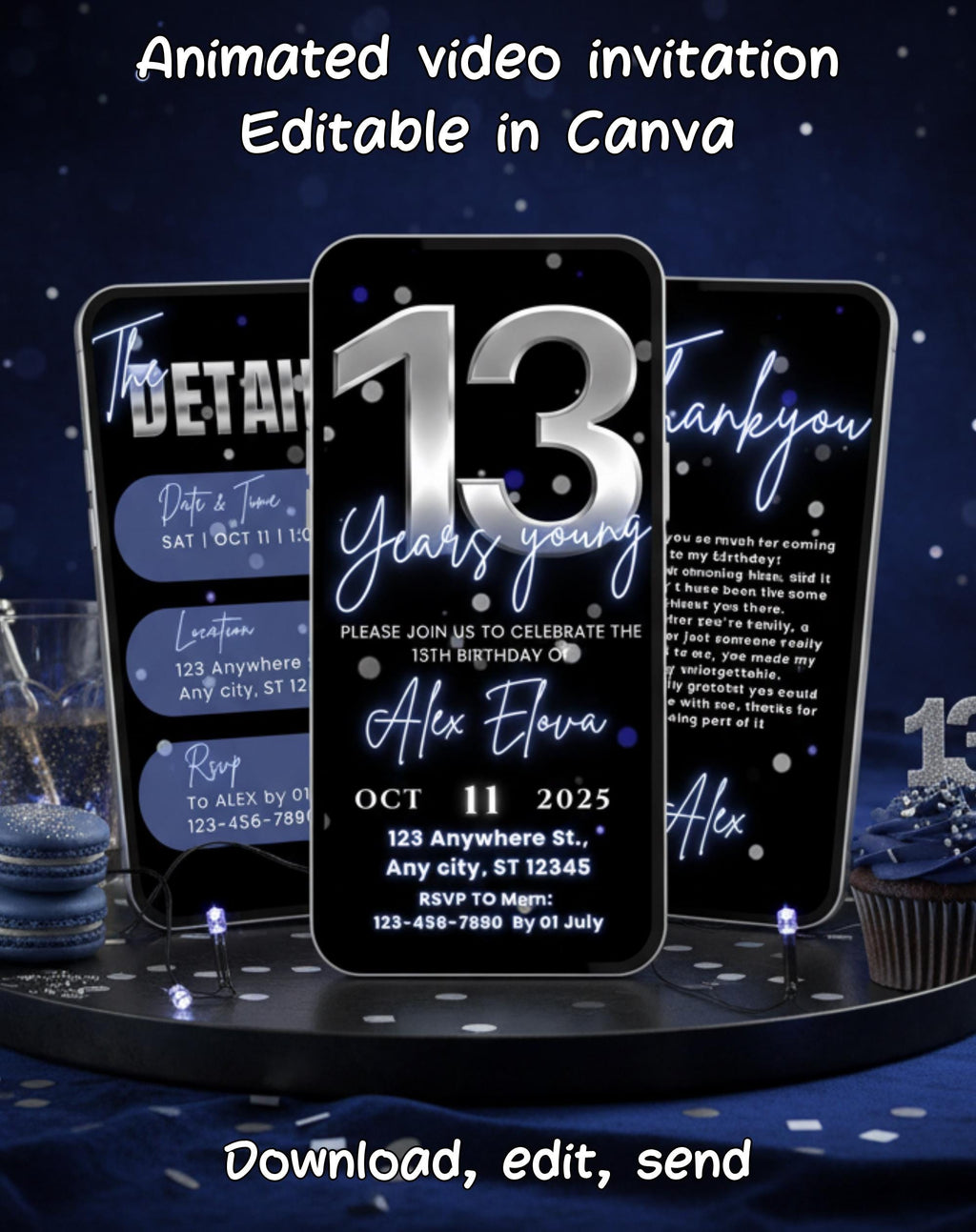 13th Birthday Silver Blue Invitation (E-vite)