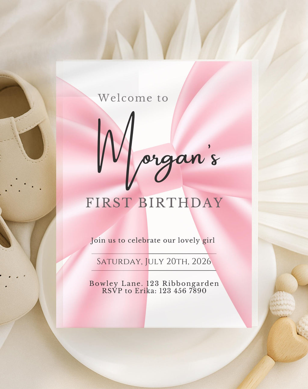 First Birthday Pink Ribbon Invitation