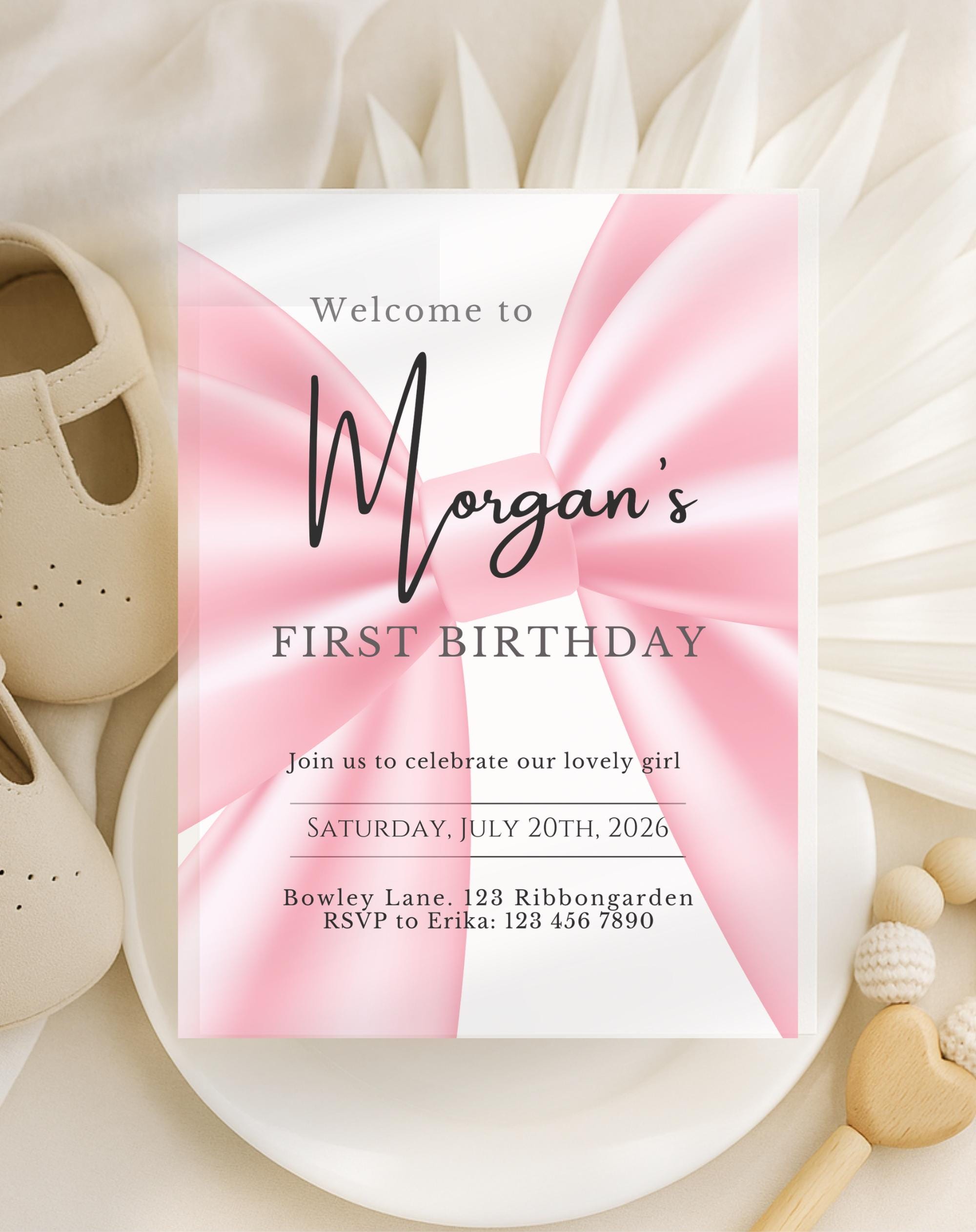 First Birthday Pink Ribbon Invitation