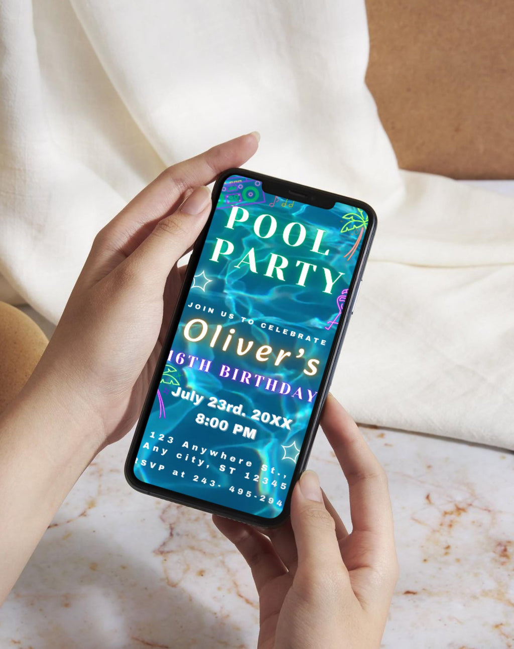 Neon Blue/Gold Pool Party Invitation (E-vite)