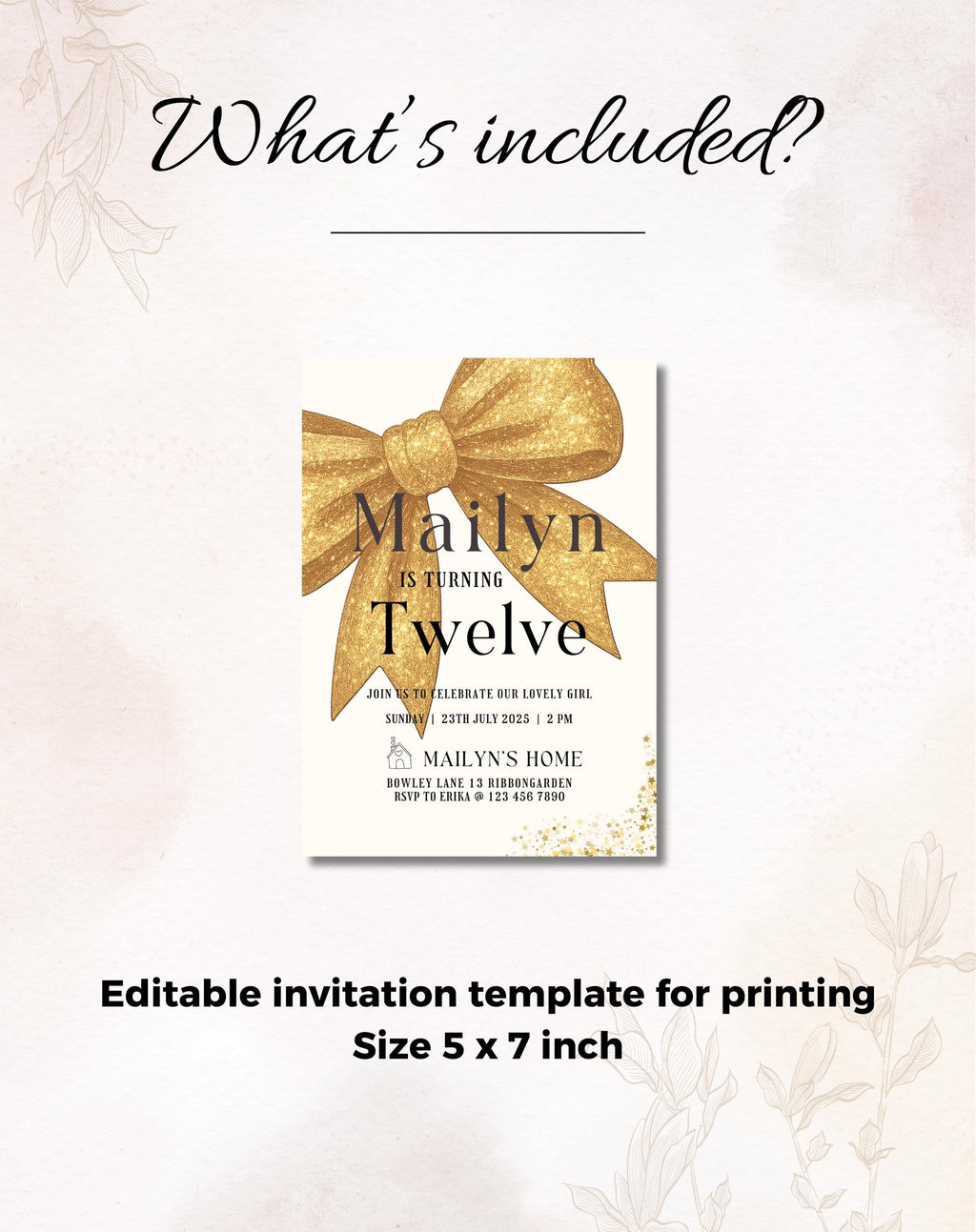 Gold Glitter Bow Birthday Invitation