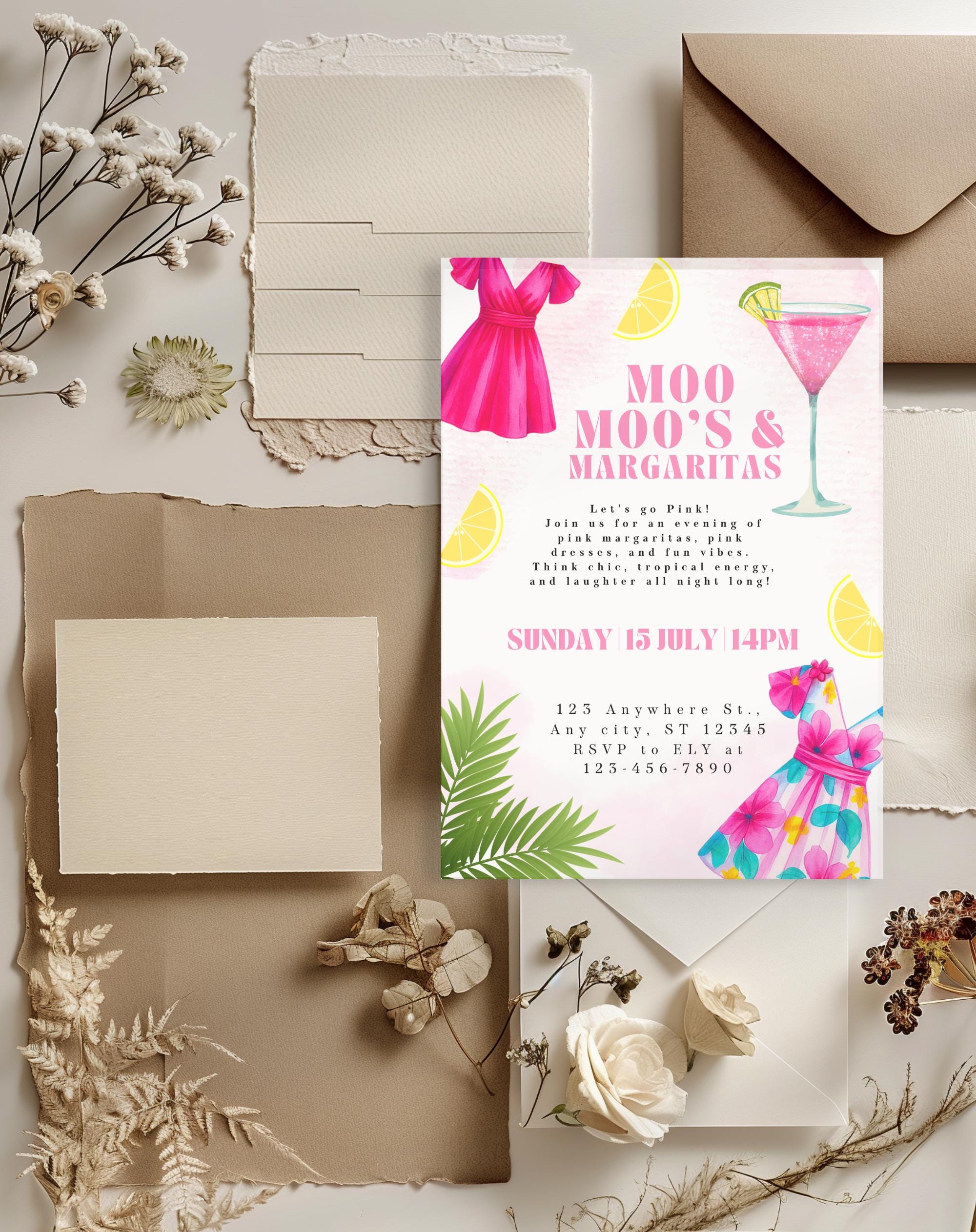 Pink Margarita Girls Night Birthday Invitation