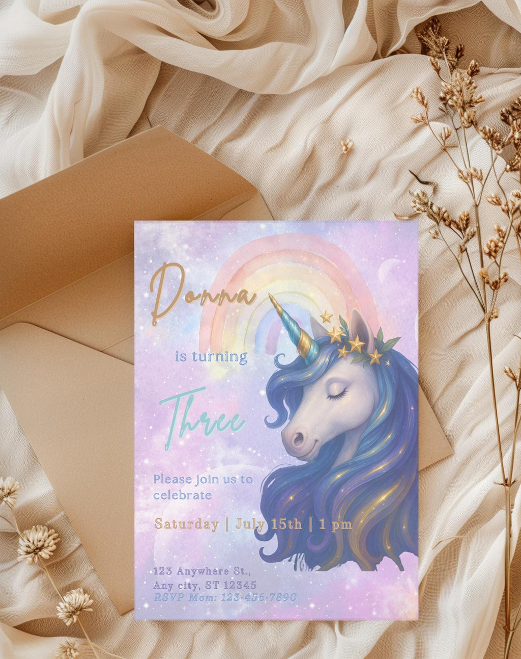 Pastel Rainbow Unicorn Birthday Invitation