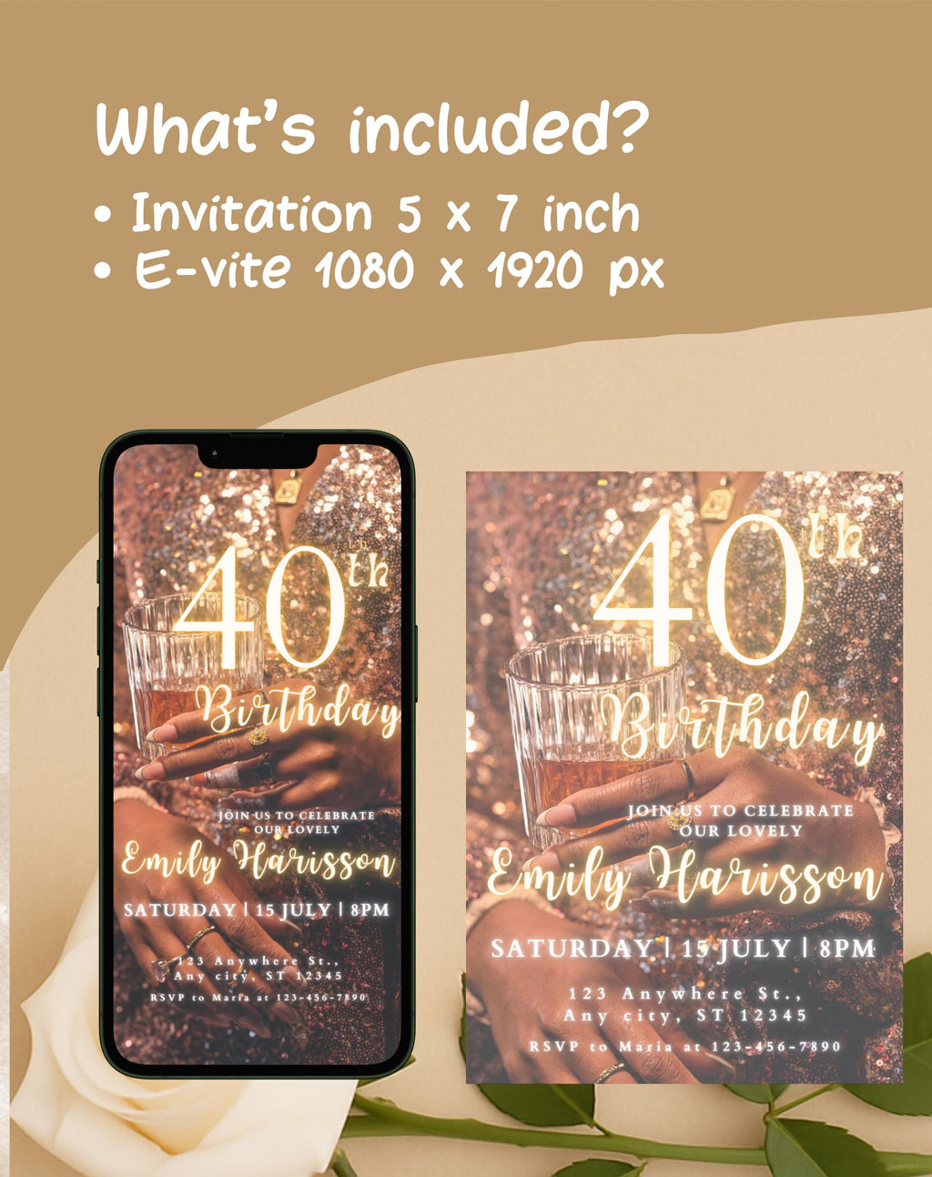 40th Gold Glitter Birthday Invitation