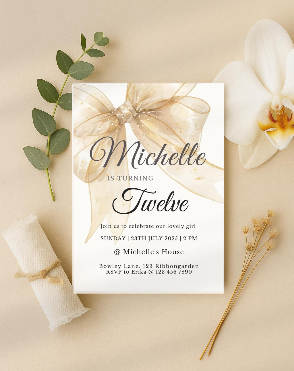Gold Sheer Bow Birthday Party Invitation
