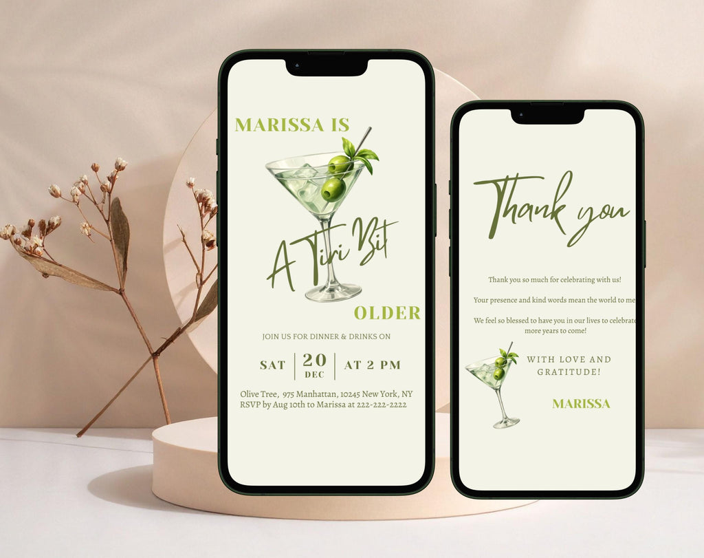 Olive Green Martini Birthday Invitation