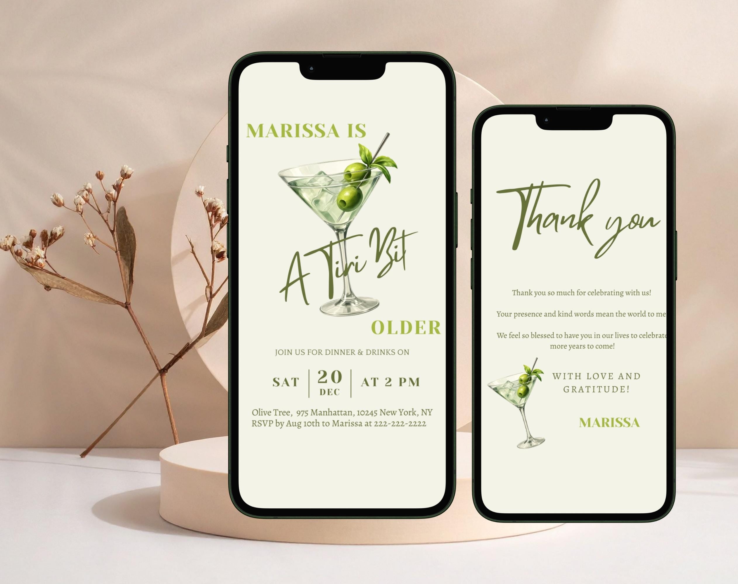 Olive Green Martini Birthday Invitation