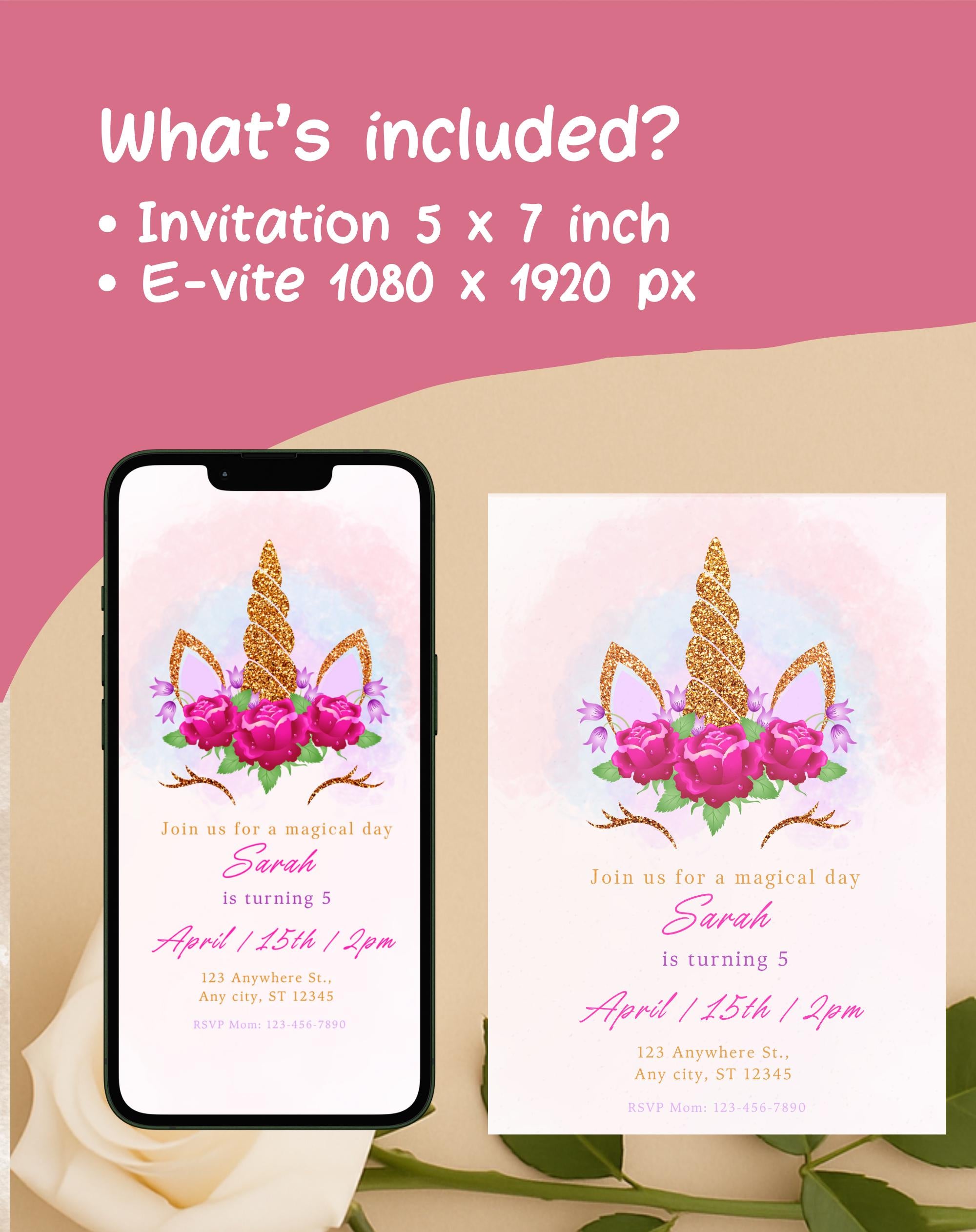 Unicorn Pink Gold Floral Birthday Invitation