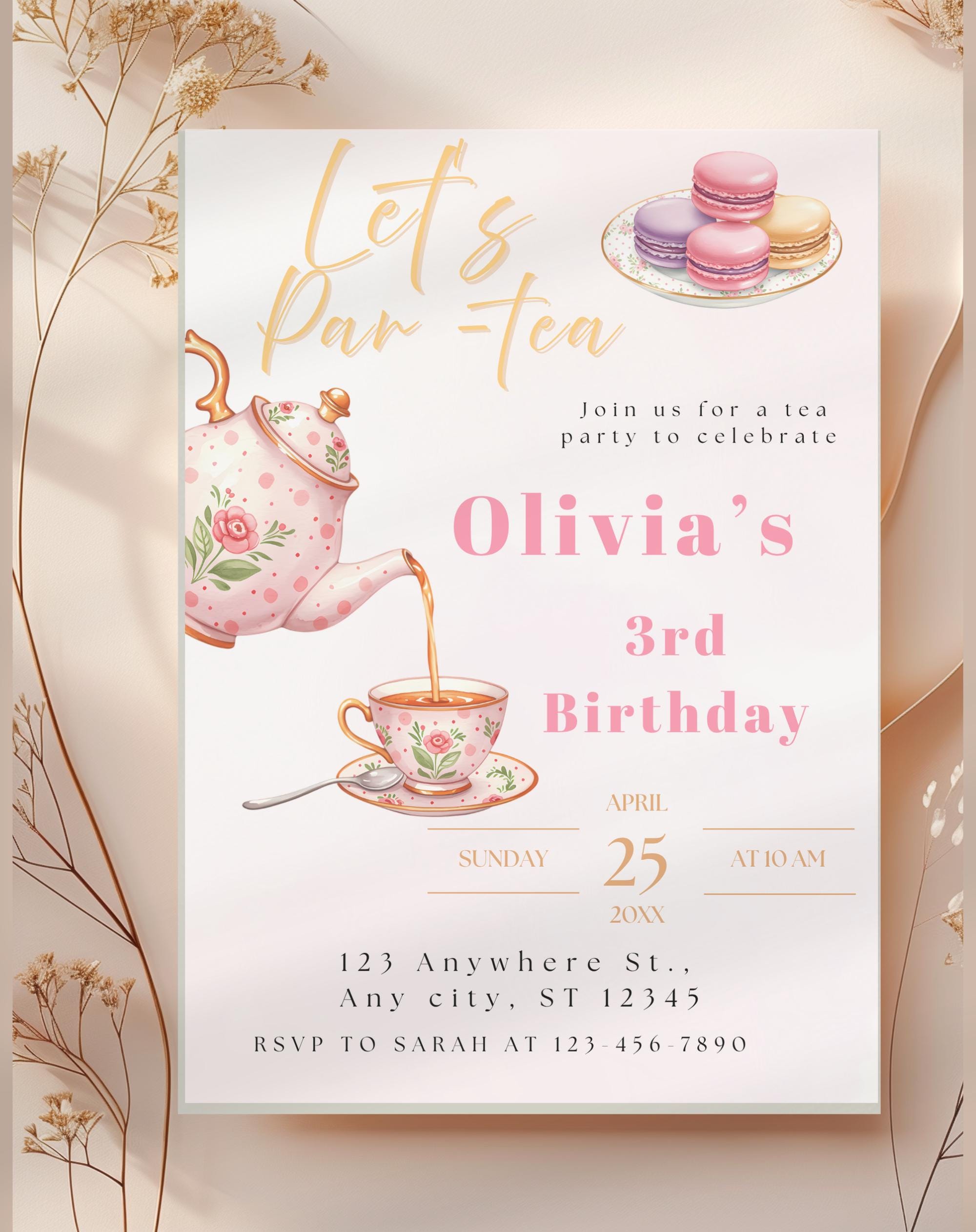 Tea Party Gold/Pink Birthday Invitation