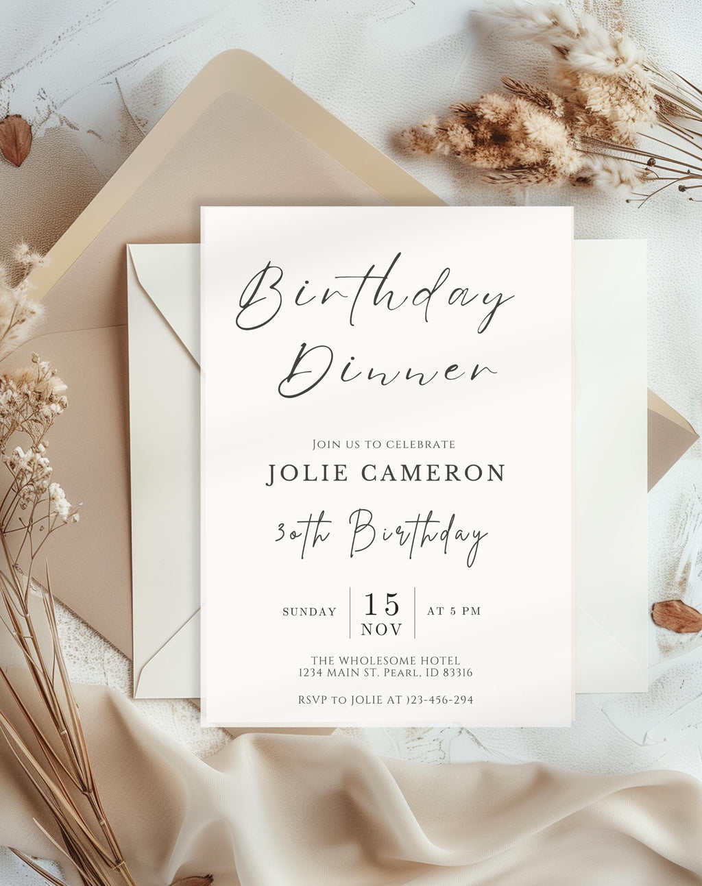 Minimalist Black and White Birthday Dinner Invitation