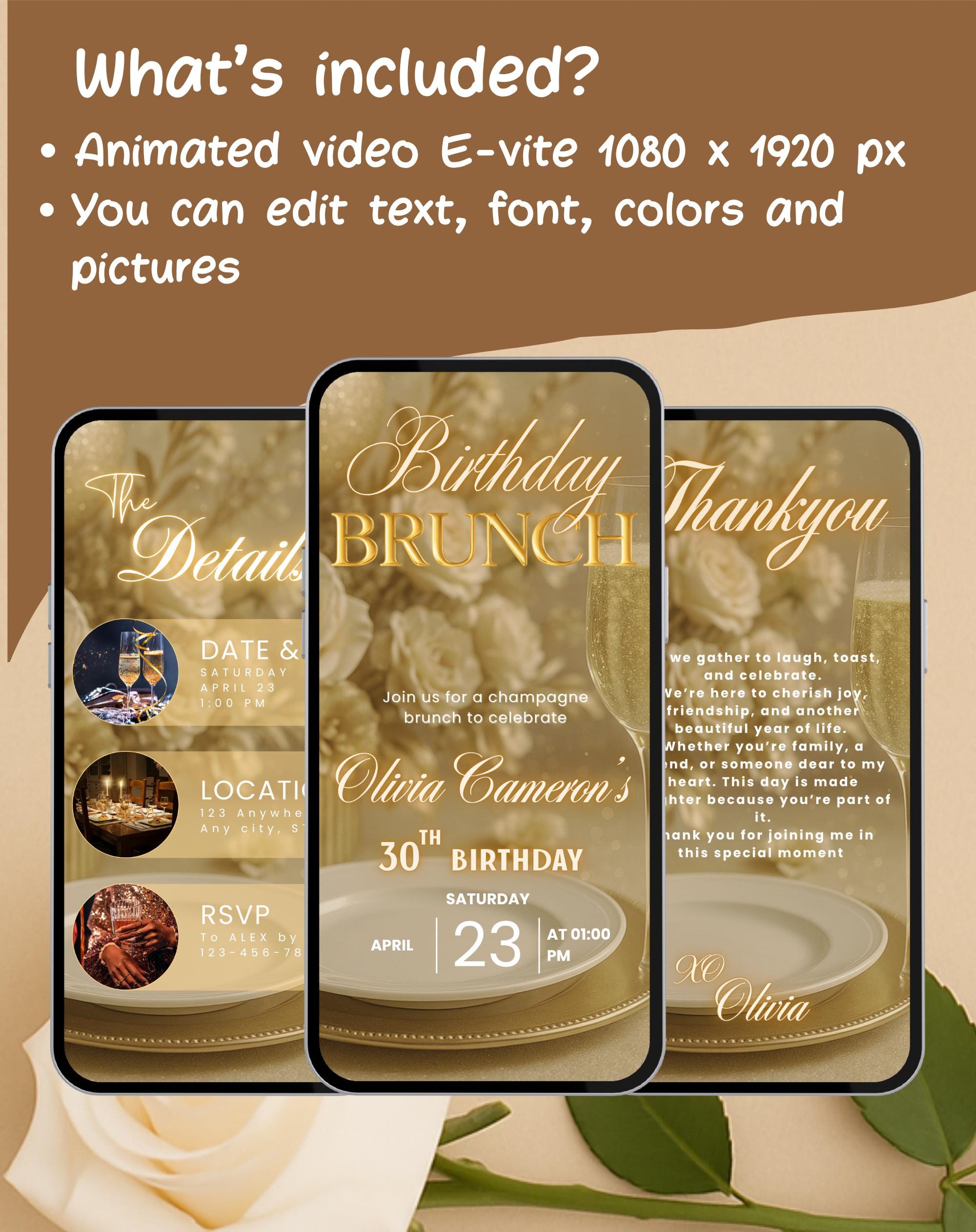 Gold Animated Birthday Brunch Invitation