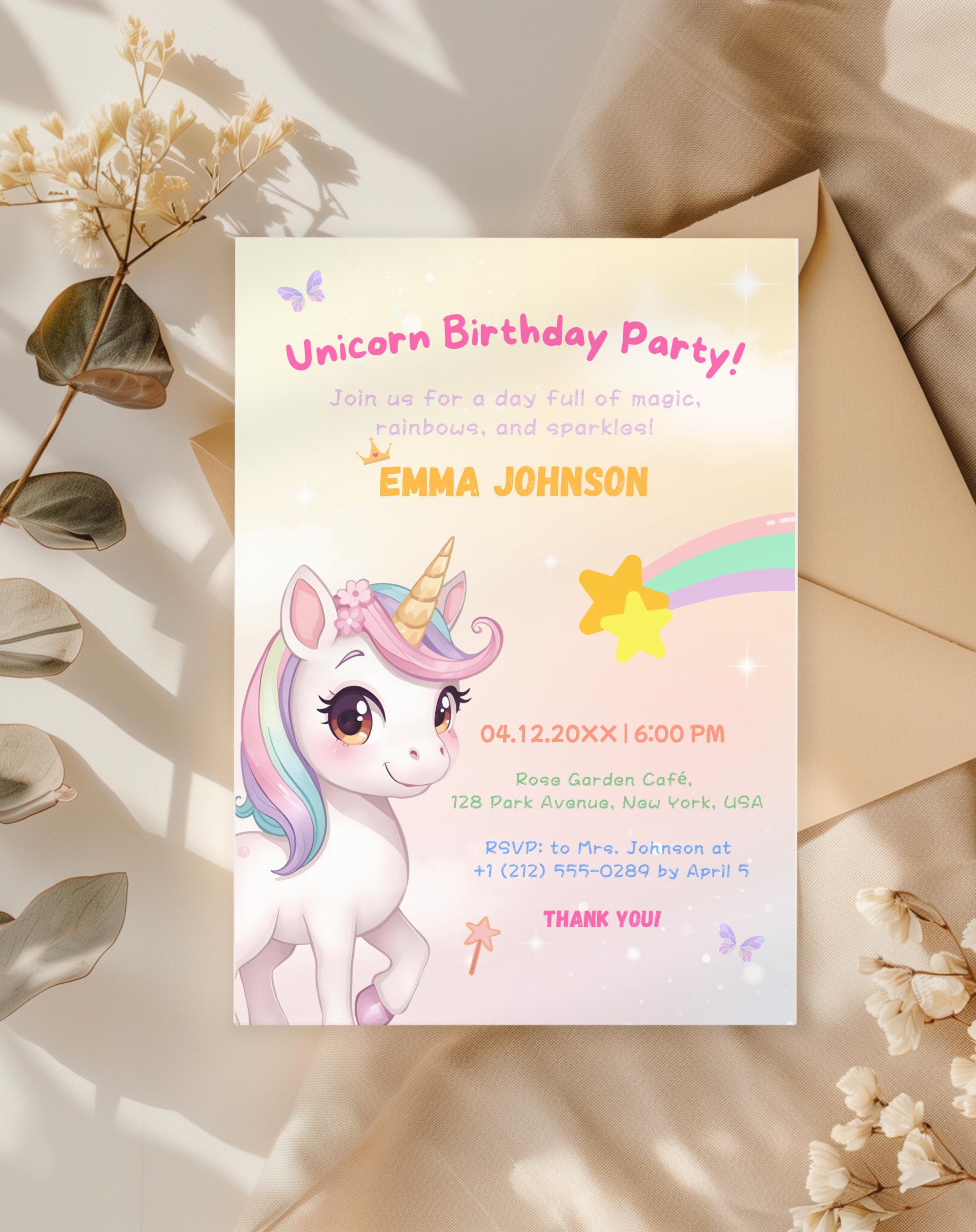 Unicorn Multicolor Birthday Invitation